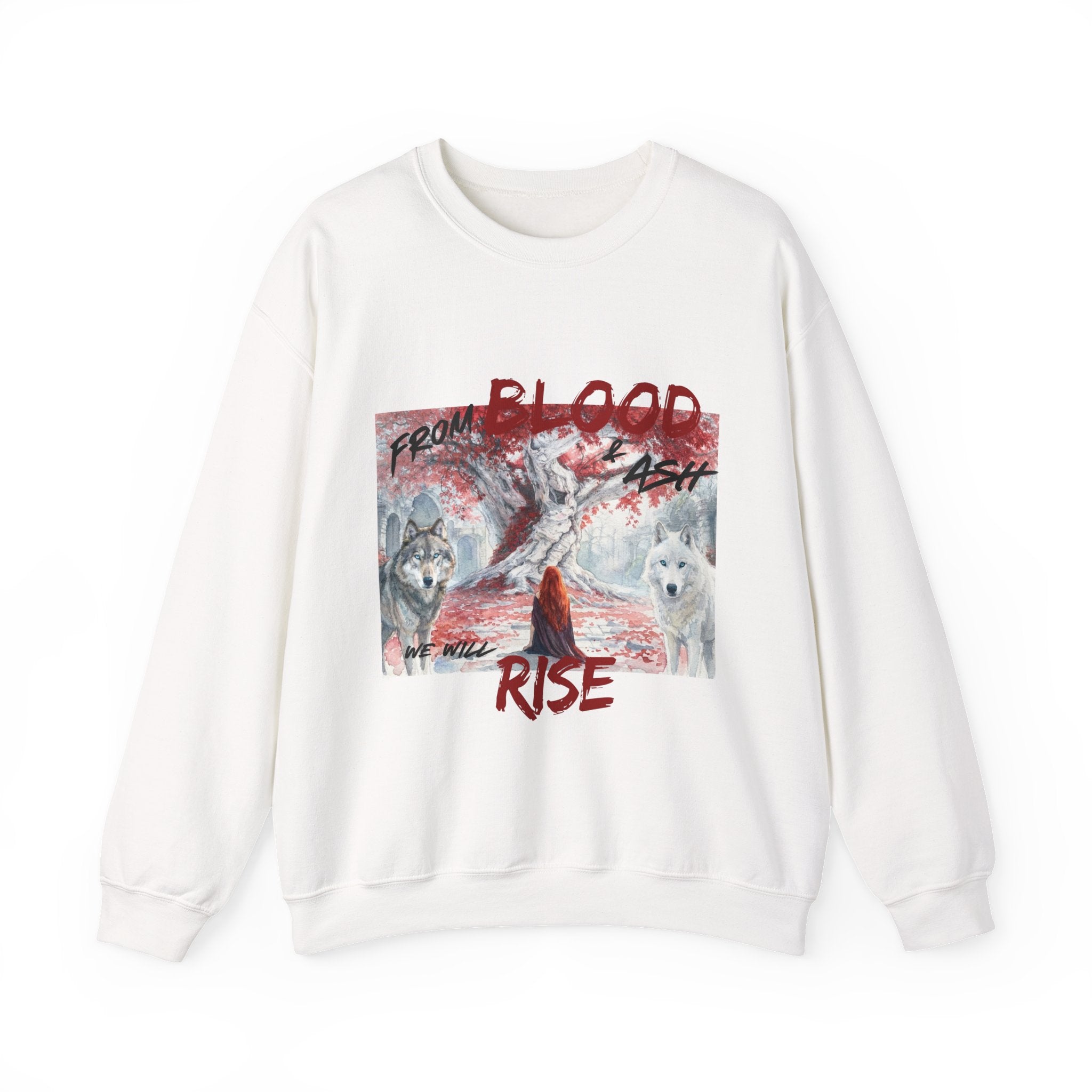 Rise From Blood & Ash Crewneck Sweatshirt – 'We Will Rise' Sword & Poppy Fantasy Graphic