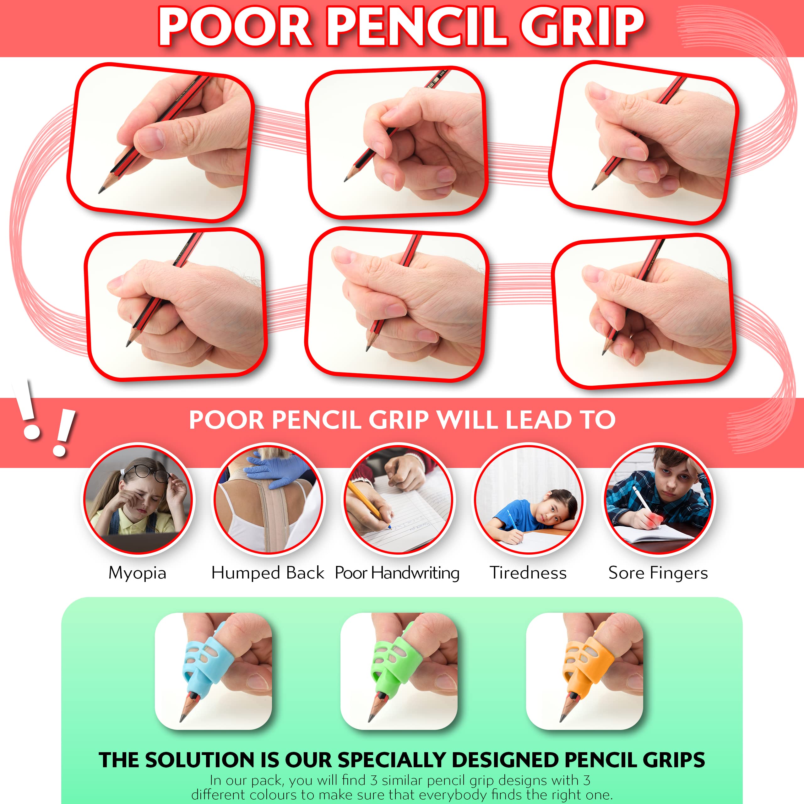 Stylo 6 Pack Pencil Grips for Kids Handwriting - Ergonomic Pencil Grippers for Toddlers Ages 2-5, Preschool & Kindergarten - Left Handed & Right Hand Writing Tools - Occupational Therapy Grip