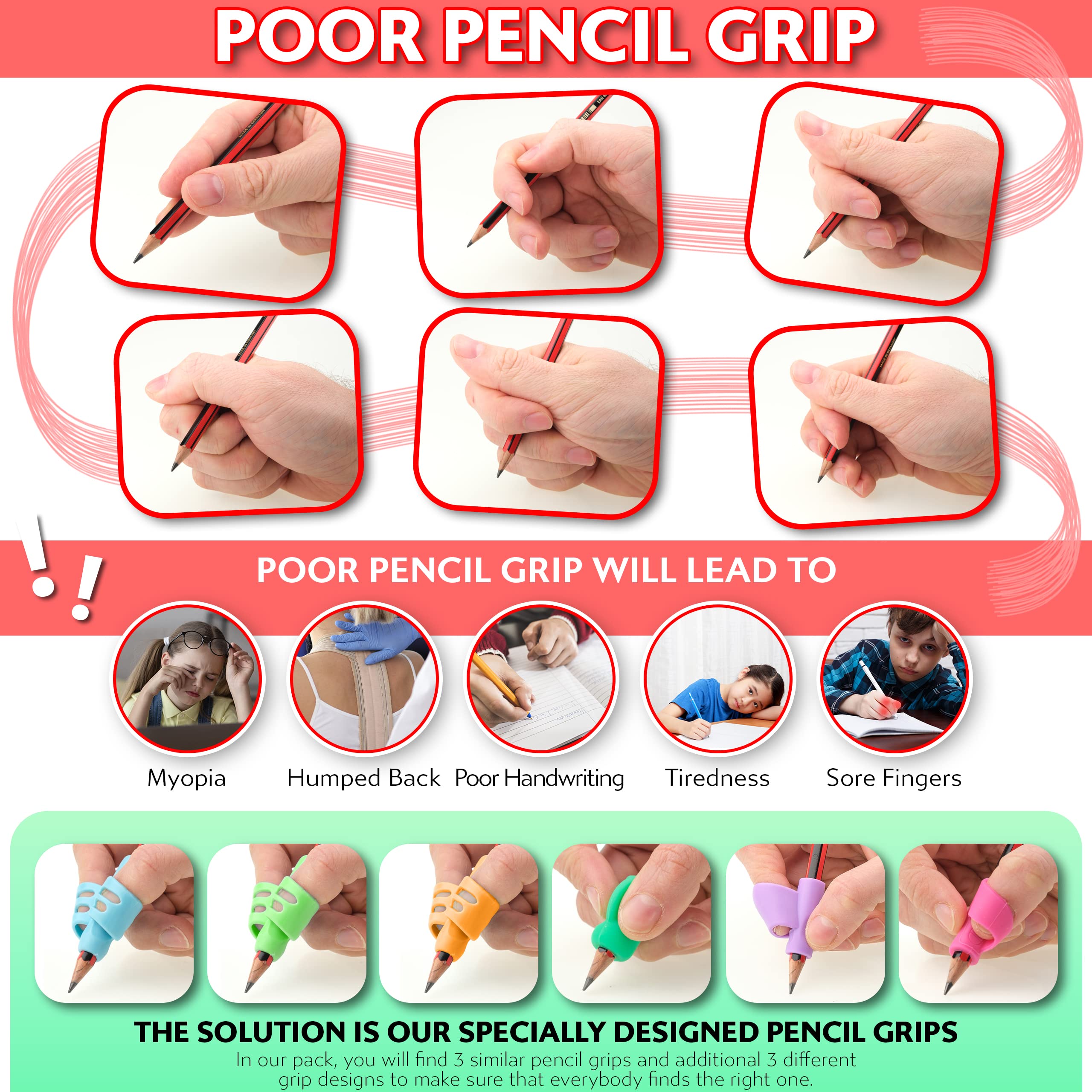 Stylo 6 Pack Pencil Grips for Kids Handwriting - Ergonomic Pencil Grippers for Toddlers Ages 2-5, Preschool & Kindergarten - Left Handed & Right Hand Writing Tools - Occupational Therapy Grip