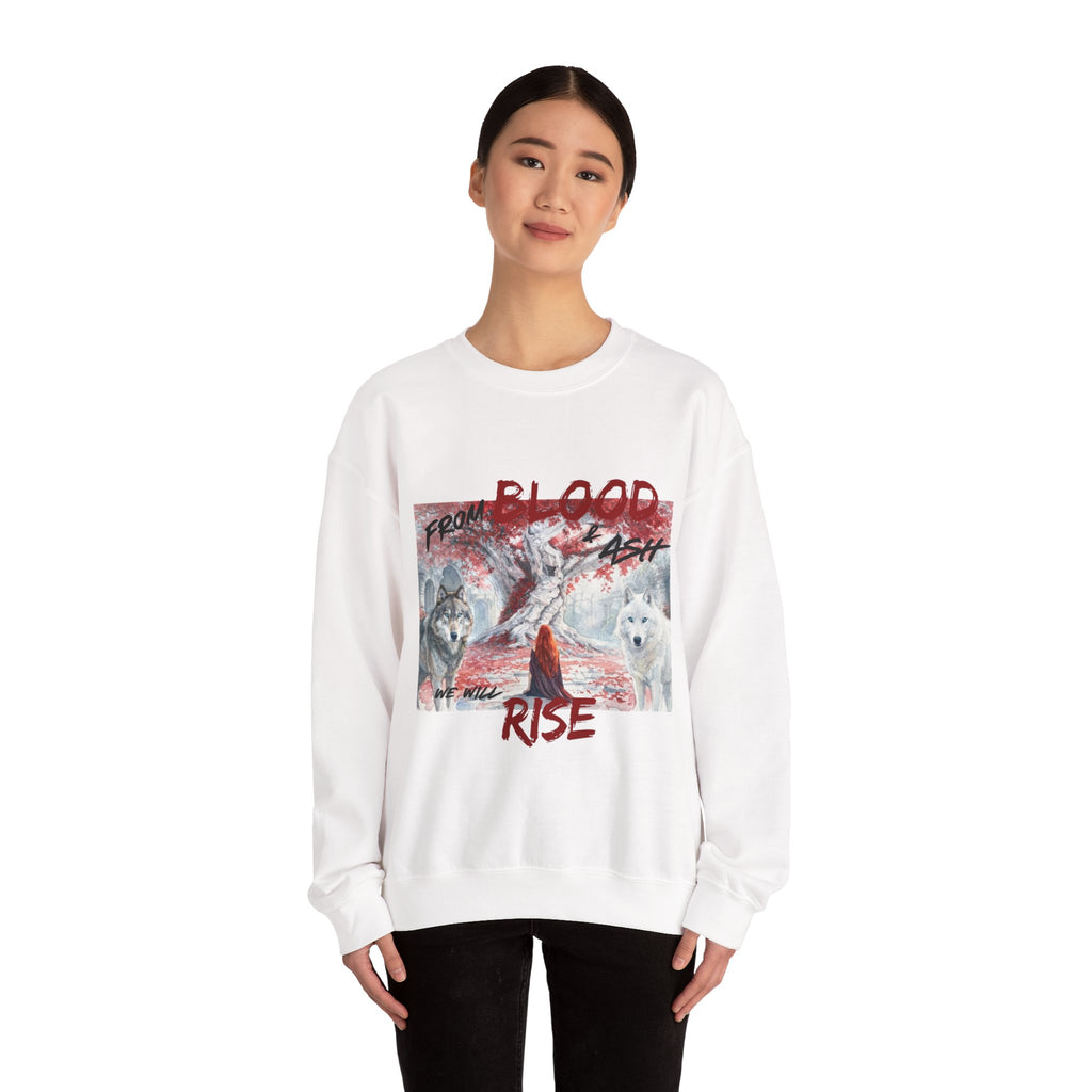 Rise From Blood & Ash Crewneck Sweatshirt – 'We Will Rise' Sword & Poppy Fantasy Graphic