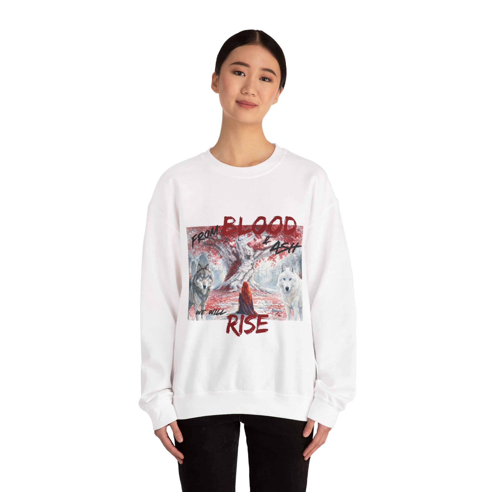 Rise From Blood & Ash Crewneck Sweatshirt – 'We Will Rise' Sword & Poppy Fantasy Graphic